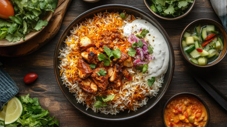 Top view of a beautifully plated serving of biryani with aromatic spices, tender chicken pieces, and a side of raita and saladの素材