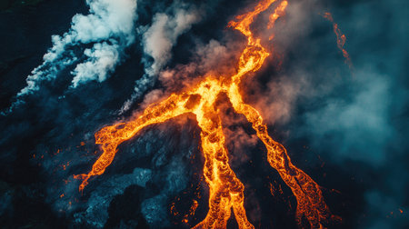 Aerial top view of a volcanic eruption site with lava rivers flowing towards the ocean, creating steam cloudsの素材
