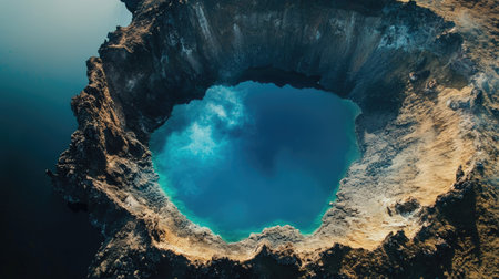 Aerial top view of a volcanic crater lake with vibrant blue water, encircled by rugged, rocky terrainの素材