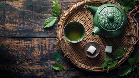 Top view of a green tea set with a cup, teapot, and a small dish of sugar cubes on a bamboo trayの素材