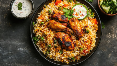 Top view of a beautifully plated serving of biryani with aromatic spices, tender chicken pieces, and a side of raita and saladの素材