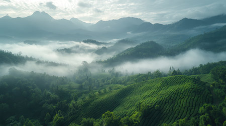 Top view of a green tea plantation surrounded by misty mountains, creating a serene and tranquil atmosphereの素材