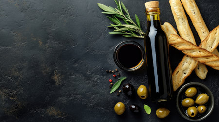 Top view of a bottle of olive oil next to a small bowl of balsamic vinegar, olives, and breadsticksの素材