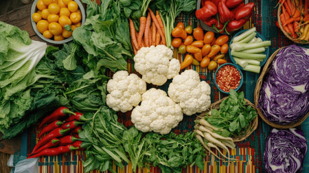 Top view of a colorful array of Thai vegetables, such as sweet basil, chilies, and Chinese cabbage, on a traditional matの素材