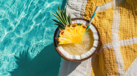 Top view of a coconut water drink served in a coconut with a slice of pineapple and a straw on a beach towelの素材