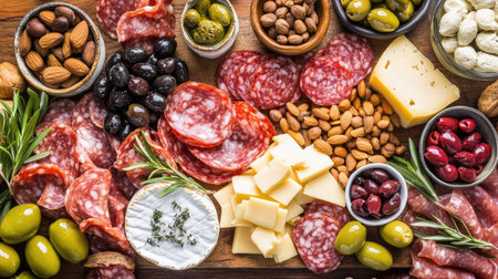 Top view of a charcuterie board featuring olives, cured meats, cheeses, and nutsの素材