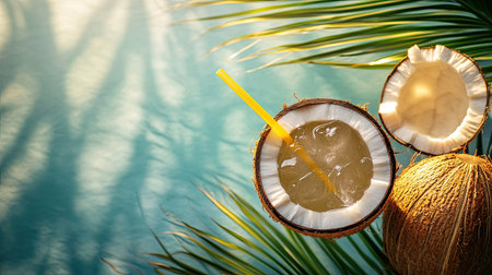 Top view of a coconut water drink with a straw, set against a backdrop of a tropical beach sceneの素材