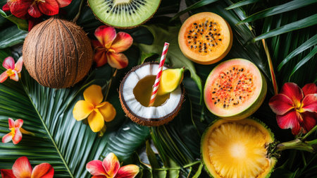 Top view of a coconut water bottle with a straw, surrounded by tropical fruits and flowersの素材