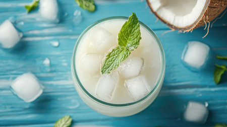 Top view of a fresh coconut water drink with ice cubes and mint, set on a blue wooden surfaceの素材