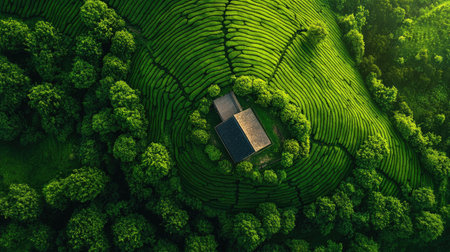 Top view of a green tea plantation with a farmeraes house and a small garden amidst the rows of tea plantsの素材