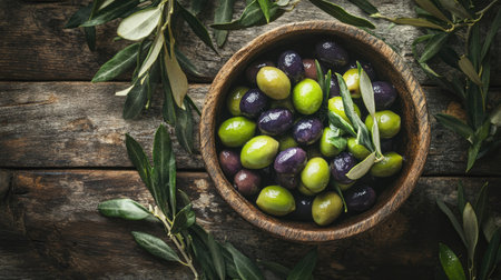 Top view of a bowl filled with green and black olives, surrounded by olive branches and leaves on a rustic wooden tableの素材