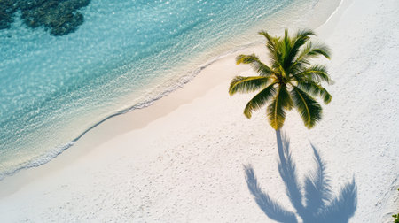 Top view of a coconut tree on a tropical beach, with its shadow cast on the white sand belowの素材