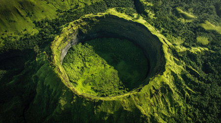 Top view of a dormant volcano, showing the symmetrical crater surrounded by lush green vegetationの素材