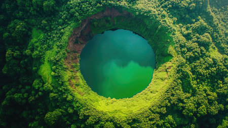 Top view of a dormant volcanic crater with a green lake at its center and surrounding forestの素材