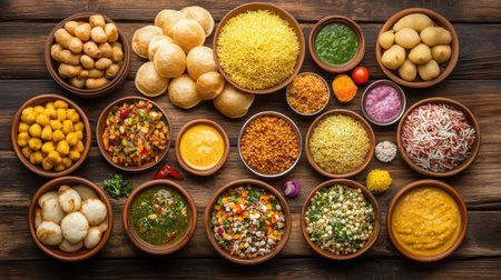 Top view of a colorful spread of Indian street food, including pani puri, bhel puri, and sev puri on a rustic wooden backgroundの素材