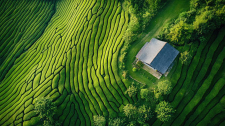 Top view of a green tea plantation with a farmeraes house and a small garden amidst the rows of tea plantsの素材