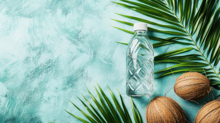 Top view of a coconut water bottle with a coconut and palm leaf on a tropical-themed backgroundの素材
