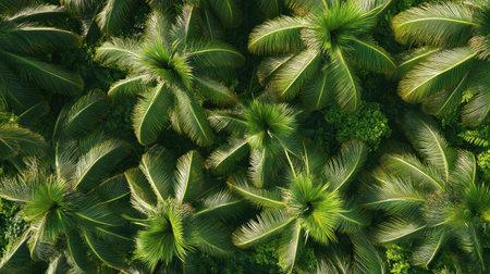 Top view of a group of coconut trees in a tropical garden, with coconuts and lush undergrowthの素材