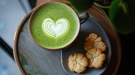 Top view of a green tea latte with a heart-shaped foam design, served with a small plate of cookiesの素材