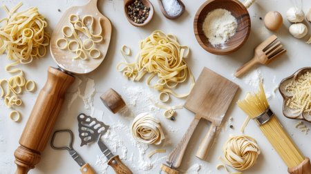 A flat lay of kitchen utensils for pasta making including a pasta roller, cutter, and wooden spoon.の素材