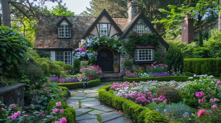 A garden house with a charming front garden, featuring a mix of flowers and shrubs.の素材