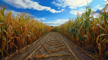 A field of tall corn stalks ready for harvest, creating a natural maze.の素材