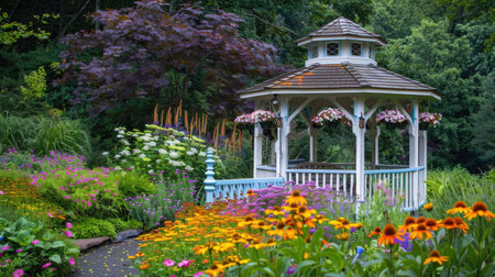 A garden house with a charming gazebo in the garden, surrounded by colorful flowers.の素材