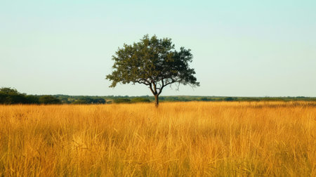 A field of tall, golden grasses with a lone tree standing tall in the center.の素材