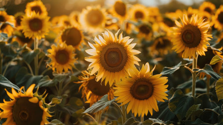 A field of sunflowers in full bloom, their heads facing the bright sun.の素材