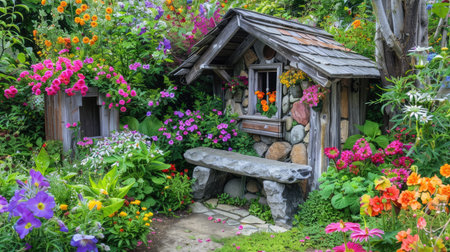 A garden house with a charming stone bench in the garden, surrounded by vibrant flowers.の素材
