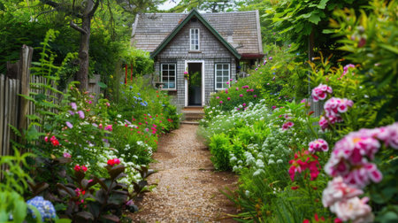 A garden house with a charming garden path lined with flowers, leading to the entrance.の素材