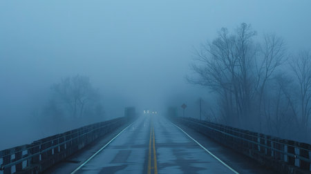 A fog-covered bridge with cars barely visible through the thick mist.の素材