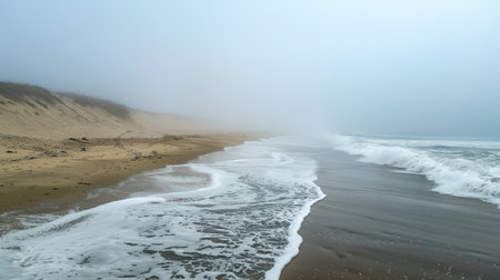 A foggy beach with waves crashing and the horizon barely visible through the mist.の素材