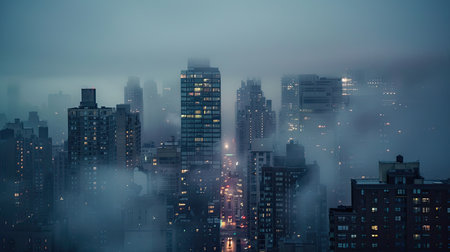 A foggy cityscape with tall buildings and streetlights shrouded in mist.の素材