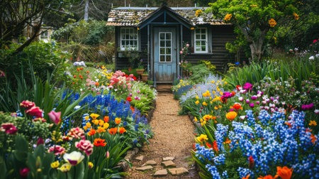 A garden house with a charming garden path lined with flowers, leading to the entrance.の素材