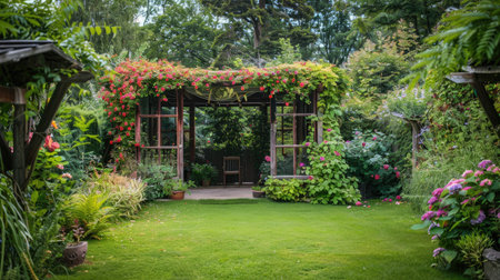 A garden house with a beautiful trellis covered in flowering vines, adding charm to the garden.の素材