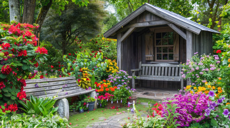 A garden house with a charming stone bench in the garden, surrounded by vibrant flowers.の素材