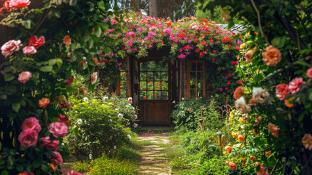 A garden house with a charming garden archway covered in blooming flowers.の素材