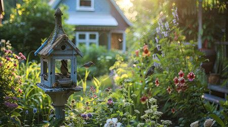 A garden house with a charming birdhouse and feeders in the garden, attracting various birds.の素材