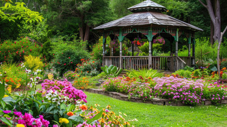A garden house with a charming gazebo in the garden, surrounded by colorful flowers.の素材