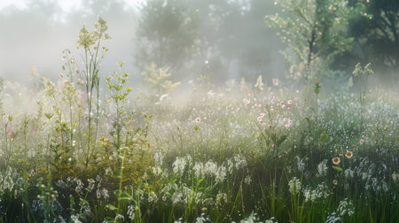 A foggy morning in a meadow, with wildflowers and grasses covered in dew.の素材