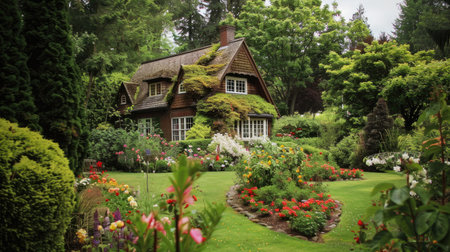 A garden house with a beautifully landscaped garden, featuring a mix of flowers, shrubs, and trees.の素材