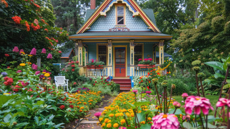 A garden house with a charming front porch, surrounded by a vibrant and colorful garden.の素材