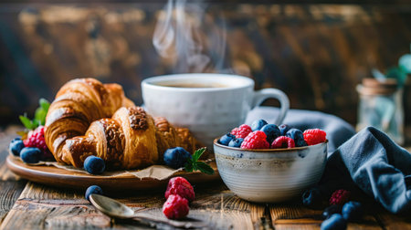A cozy morning breakfast setup with a steaming cup of coffee, fresh croissants, and a bowl of mixed berries on a rustic wooden table.の素材