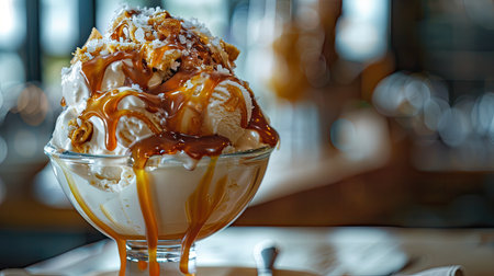 A decadent caramel ice cream sundae with caramel sauce and a sprinkle of sea salt.の素材