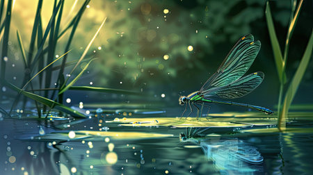 A damselfly hovering over a pond, its delicate wings catching the light.の素材