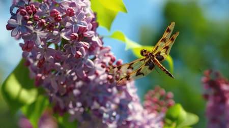 A dragonfly in mid-flight near a blooming lilac bush.の素材