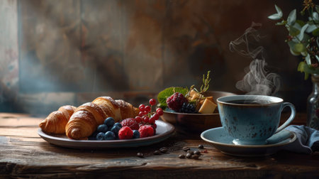 A cozy morning breakfast setup with a steaming cup of coffee, fresh croissants, and a bowl of mixed berries on a rustic wooden table.の素材
