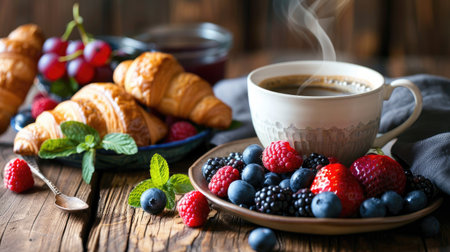 A cozy morning breakfast setup with a steaming cup of coffee, fresh croissants, and a bowl of mixed berries on a rustic wooden table.の素材