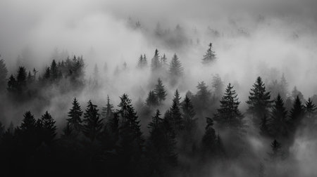 A dense fog enveloping a forest, creating an eerie and mysterious atmosphere.の素材